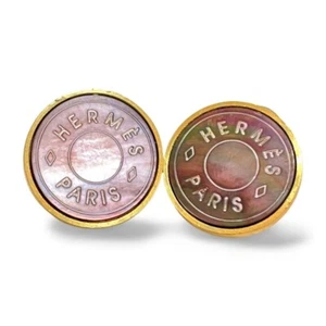 Vintage HERMES golden logo embossed genuine shell earrings. Classic jewelry - Picture 1 of 7