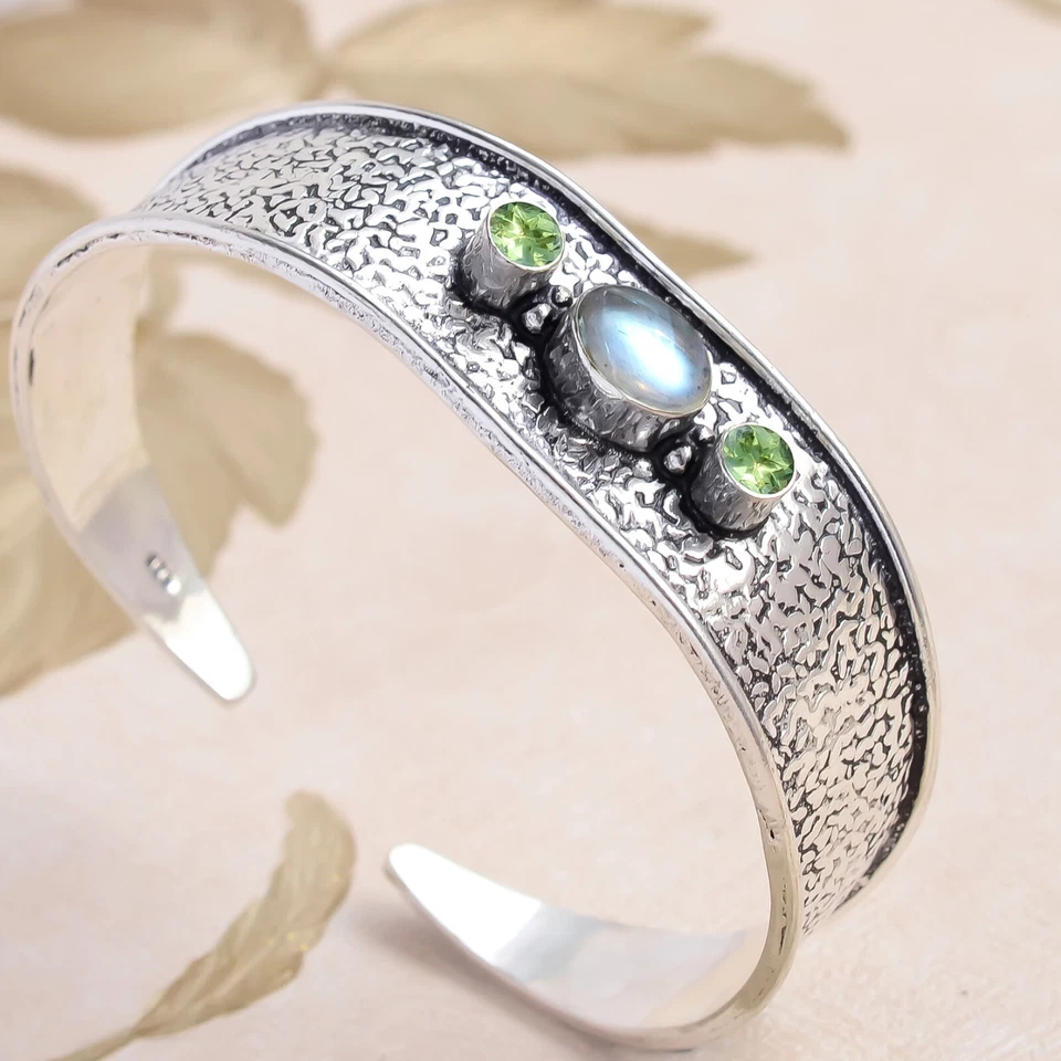 Labradoriet & Peridot Cut Gemstone Cuff 925 Sterling Silver Love Gift Bracelet - Image 1 of 4