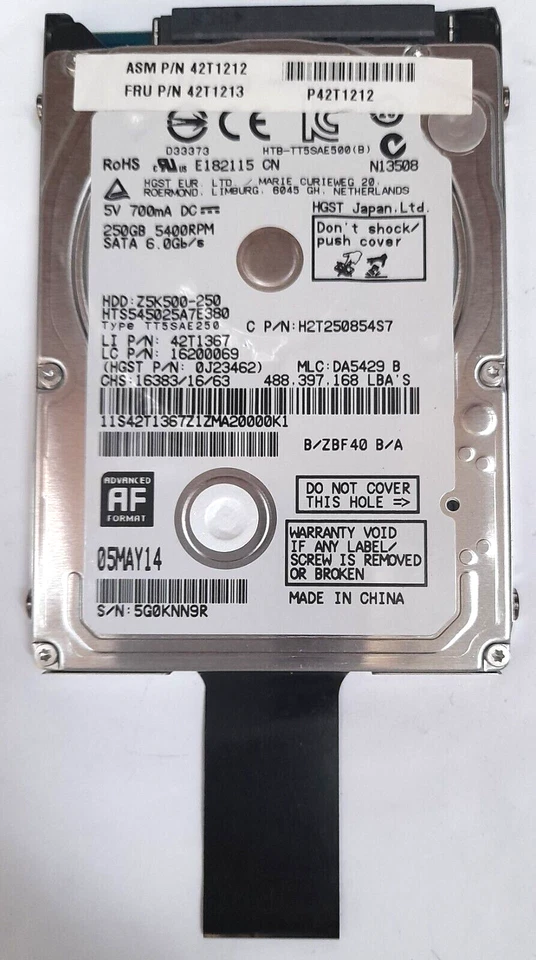HGST 250GB 5400RPM SATA 6.0Gb/s HARD DRIVE 42T1367 H2T250854S7 - Image 1 of 1