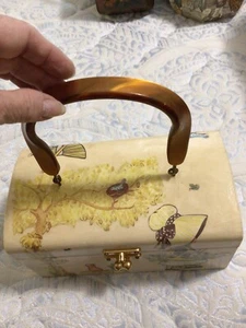 Vintage Wooden Purse Lucite Handle Kara Lee Flowers box purse handbag - Picture 1 of 7