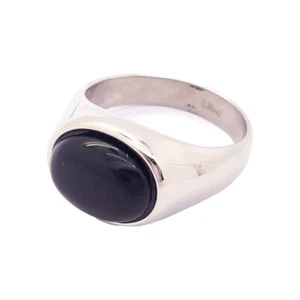 SILVER SIGNET WITH NATURAL BLACK ONYX GEMSTONE STAINLESS STEEL RING WOMENS - Picture 1 of 11