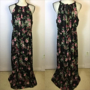 Maxi Vestido Anne Klein Talla 14 Mujer Negro Rosa Gasa Floral Halter Sin Mangas - Imagen 1 de 16