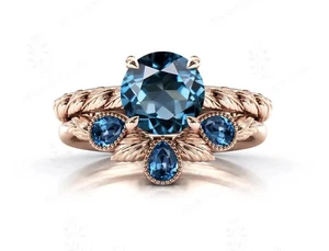Rose Gold Plated 925 Silver Natural London Blue Topaz Victorian Ring Set For Her - Picture 1 of 4