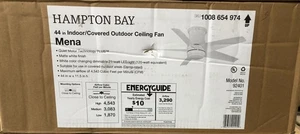 Hampton Bay Mena 44in. White Indoor/Outdoor Ceiling Fan with Light+Remote New - Picture 1 of 3
