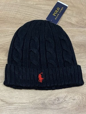 POLO RALPH LAUREN Polo R.L Cable-Knit Merino Wool-Blend Beanie Winter Hat Black