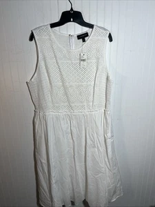 Lane Bryant Sz 18 White Cotton Sleeveless Cinched Waist Lined Midi Dress NWT - Picture 1 of 14