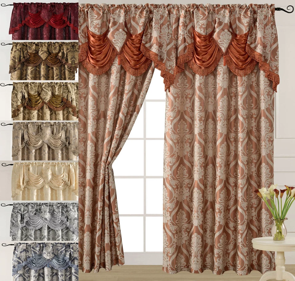 Luxury Jacquard Curtain Panel with Attached Waterfall Valance 54" X 84" Ashley - Image 1 of 1