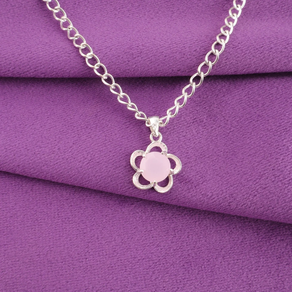 Joyería colgante de plata maciza 925 con piedras preciosas de calcedonia rosa para regalo del día de la madre Foto 1 de 1