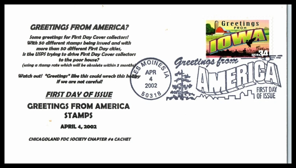 2002 IOWA Greetings Sc 3575 FDC with Chicagoland FDC Society cachet (QN - Image 1 of 1