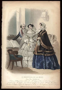 Plato de moda Jules David coloreado a mano Moniteur de la Mode 1854 París - Imagen 1 de 2