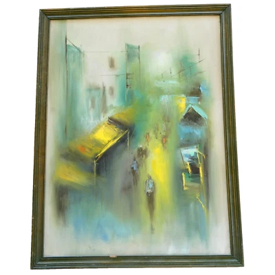 MCM Asian Filipino Abstract Cityscape Original Oil Painting Unsigned Vintage - Image 1 of 4