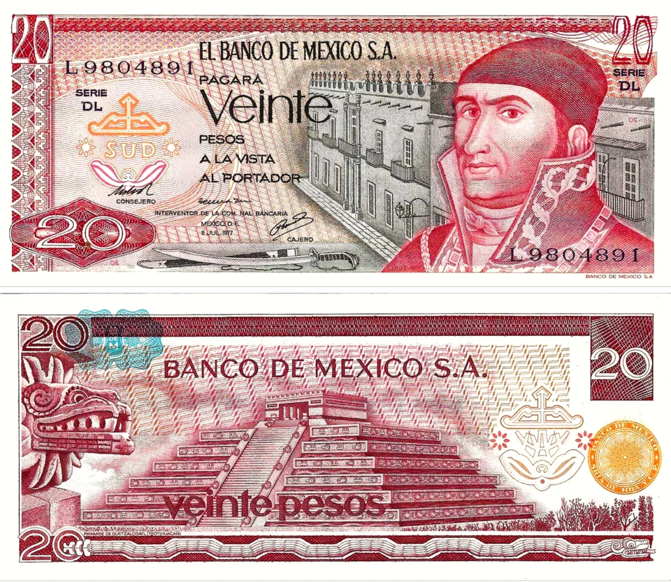 墨西哥,20 比索,墨西哥银行 S.A.,7-8-1977,系列 DL,S/N L9804891,P-64d — 第 1/1 张图片