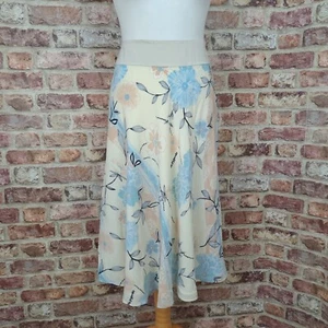Coast Silk Skirt Cream Blue Floral UK 10 Flare Knee Length Lined 100% Silk - Picture 1 of 12