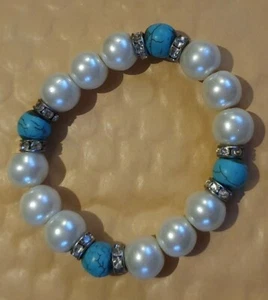 Faux Pearl Turquoise and Crystal Bead Bracelet - Picture 1 of 2