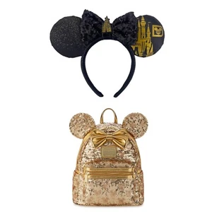 2024 Disney Parks Minnie Mouse Gold Pailletten Loungefly Rucksack & WDW Schloss Ohren - Bild 1 von 6