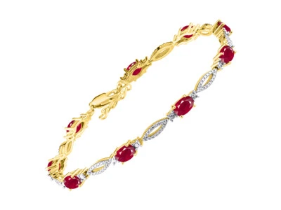 RYLOS RUBY & DIAMOND TENNIS BRACELET YELLOW GOLD PLATED SILVER 7-8"  - Image 1 of 4