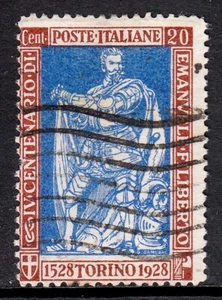 ITALY — SCOTT 201a — 1928 20c EMMANUEL PHILIBERT P13½ — USED — SCV $240 - Picture 1 of 2