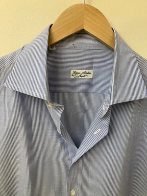 Usada en Excelente Condición Sartorio (Cesare) Attolini Camisa de Vestir Azul/Blanco Rayas 17.5/44 Foto 1 de 4