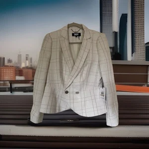 DKNY Women’s Fitted Blazer Office Jacket White Plaid Size 12 Original Price $159 - Picture 1 of 11
