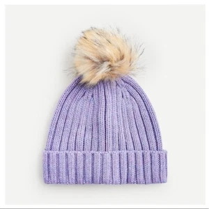 J. Crew Faux Fur Ribbed Knit Pom Pom Beanie Hat Heather French Purple NWT - Picture 1 of 3