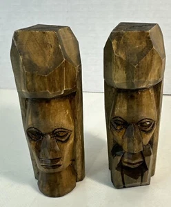 Coppia Mascherine Legno Intagliato A Mano Tiki Tribali Trinnotte 4,5” Alta Legno Ottime - Foto 1 di 4