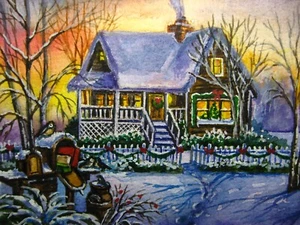 Watercolor Painting Christmas Decorated House Sunset Snow Winter ACEO Art - Picture 1 of 2