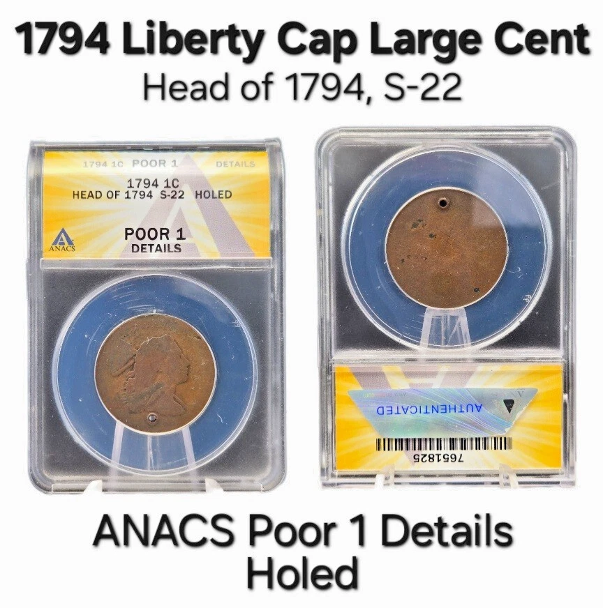 1794 1c Liberty Cap Large Cent, Head '94 S-22 ANACS P1 Details Holed - Image 1 of 4