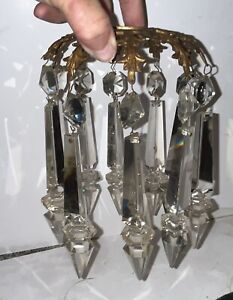Early Oil Lamp GLASS LUSTER Yokes WITH with Large Cut-FACETED CRYSTAL PRISMS
