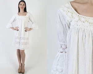 Traditional Mexican Pintuck Dress Cream Lace Bell Slv White Fiesta Ethnic Mini - Picture 1 of 7