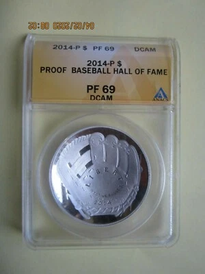 2014-P Hall of Fame Baseball Silver Dollar PROOF ANACS PF 69 DCAM - Image 1 of 2