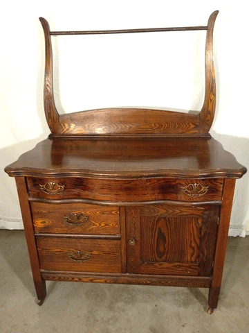 ANTIQUE SERPENTINE OAK WASH STAND DRESSER COMMODE TOWEL BAR CHEST Coye CO Cover