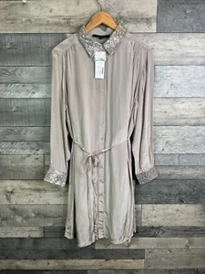 French Connection Sequin Shirt Dress Size XL Grey Silver Long Sleeve Party Satin - Picture 1 of 13