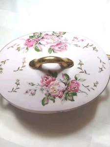 Vintage Ornate Pink With Gold Handles & Floral Oval Lidded Dish. Handpainted - Picture 1 of 8