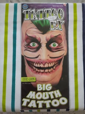 Evil Grin Temporary Tattoo Special FX Big Mouth Transfe Halloween Horror Make Up