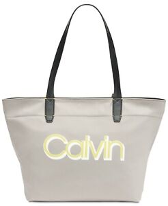 💯Calvin Klein Tannya Tote Women's Shoulder Logo Bag Nylon Grey Combo Silvr $138