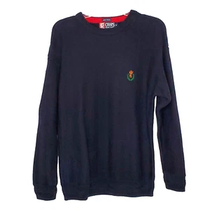 Y2K Chaps Ralph Lauren Herringbone Knit Sweater S Navy Blue Embroidered Crest - Picture 1 of 6