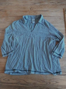 Vtg LL Bean Black White Striped Cotton Blend 3/4 Sleeve Blouse Womens Petite L - Picture 1 of 8