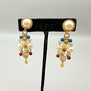 Vintage Liz Claiborne Clip On Earrings LCI Dangle Faux Pearl Bead Gold Tone - Bild 1 von 7