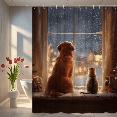 1pc Dog and Cat Winter Shower Curtain – Cozy Christmas Scene with Pets - Image 1 of 4
