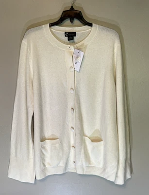 C Designer 100% Cashmere Ivory Cardigan Sweater  - size XL - retail $198 - Image 1 of 4