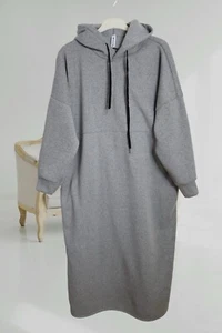 Lagenlook Maxi Winter Kleid Kapuze Tunika EG 46 48 50 52 54 hell grau - Bild 1 von 5