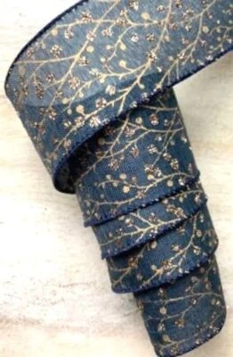 5 YDS. CHRISTMAS BLUE with GOLD BERRIES & VINE WIRED RIBBON 2.5” WIDE - 140 cr - Image 1 of 2