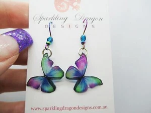 Butterfly Earrings Green, Blue, Purple with Bead - Fairy Party Jewellery - Picture 1 of 6