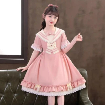 Niño Niña Lindo Vestido Lolita Princesa Disfraz Hada Encaje Marinero Cuello Arco Volantes Foto 1 de 4