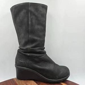 Keen Akita Boots Women's 9 Black Nubuck Leather Mid Calf Wedge Slouchy Pull On - Picture 1 of 13