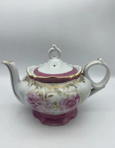 Lefton Musical Pink Rose Cabbage With Gold Trim Porcelain Teapot Japan Test Work - Picture 1 of 12