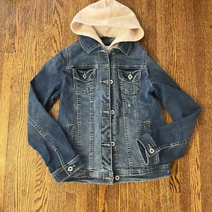 Abercrombie Kids denim jacket with pink liner and hood size 13/14 - Picture 1 of 7