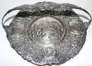 BREATHTAKING...MUST C! heavily embossed silver plate handled serving platter 12" - Picture 1 of 4