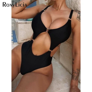 Anillos de metal corte abdomen mujer traje de baño de una pieza monokini corte alto - Imagen 1 de 9