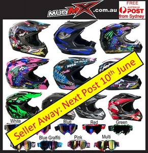 MX High Gloss Helmet + Goggles for MX/ BMX /MOTOCROSS -JNR/YOUTH/ADULT/KIDS/ATV - Picture 1 of 34